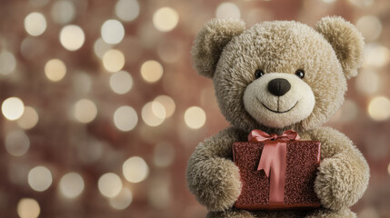 Fototapeta premium teddy bear smiling contently while holding red gift box, surrounded by festive bokeh background. This charming scene evokes warmth and joy during holiday season