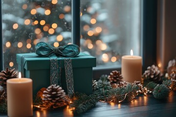 A cozy holiday scene with a gift, candles, and pinecones by a window adorned with lights.