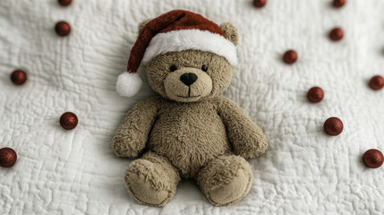 teddy bear wearing Santa hat sits on white bedspread surrounded by red ornaments, creating festive and cozy atmosphere perfect for holiday season