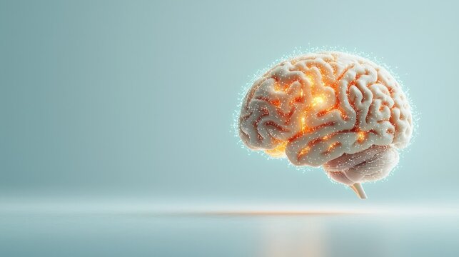 A glowing, three-dimensional brain illustration, symbolizing creativity, intelligence, and cognitive processes against a soft blue background.