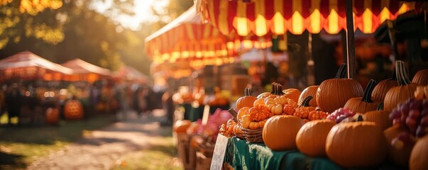 A vibrant autumn market scene with pumpkins and festive tents, capturing the essence of harvest season.