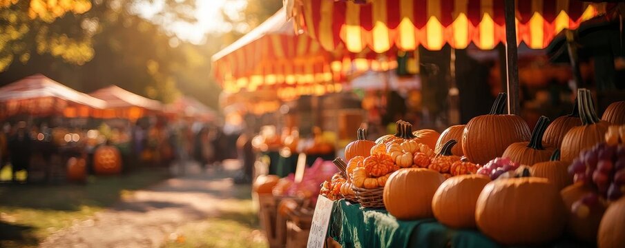 A vibrant autumn market scene with pumpkins and festive tents, capturing the essence of harvest season.