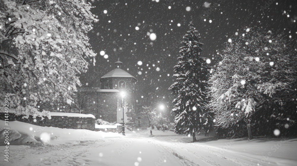 Poster a serene snowy night scene with falling snowflakes and illuminated trees.