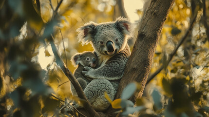Naklejka premium Mother koala with her baby resting peacefully in a tree during golden hour in the Australian wilderness