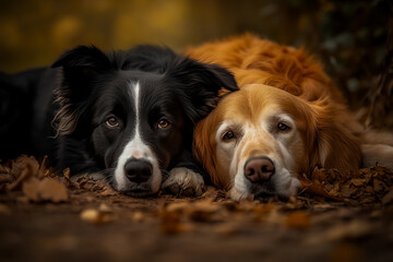 A black and white dog lies on the ground next to a golden retriever, both resting peacefully.