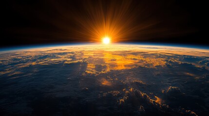 Earth sunrise from space, vibrant colors, atmosphere, clouds,  golden light, 