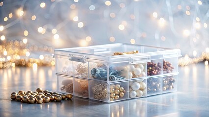 Fototapeta premium Clear Plastic Storage Box for Small Items with Bokeh Effect on White Background for Online Store, Ideal for Organizing and Decluttering Your Space with Versatile Containers