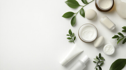 Natural skincare products arranged with green leaves, showcasing wellness and beauty. Perfect for promoting healthy lifestyle and self care routines