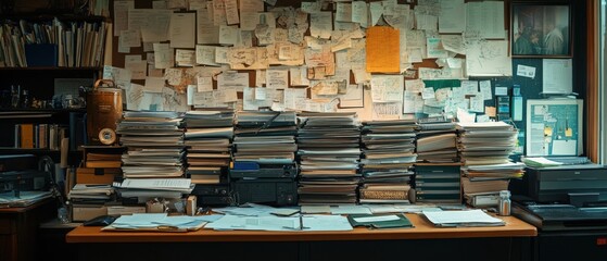 A cluttered desk filled with stacks of papers, books, and sticky notes, creating a busy and chaotic workspace atmosphere.