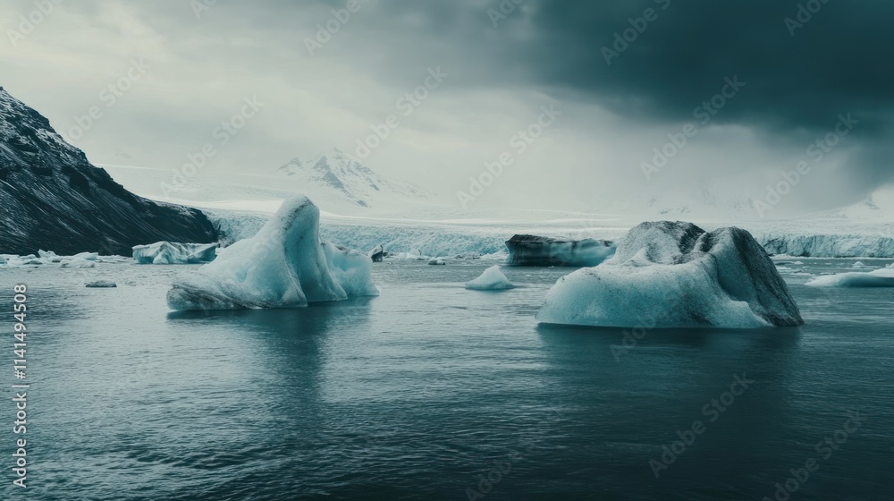 Poster a serene view of icebergs floating in a cold, tranquil sea under a moody sky.
