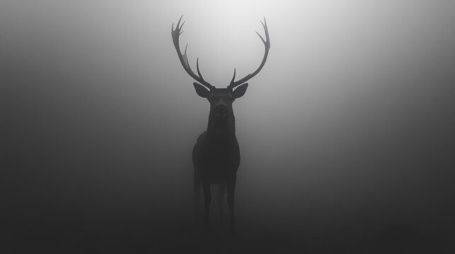 Fototapeta Majestic deer stands in the foggy forest at dawn, showcasing its impressive antlers and serene presence