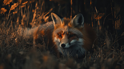 Fototapeta premium Red fox resting in a serene forest setting during the golden hour of twilight
