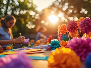 A vibrant outdoor scene featuring people crafting colorful flowers with paper, illuminated by warm sunset light.