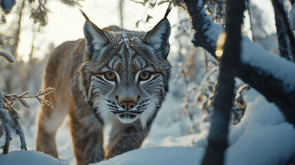 Lynx moving quietly through snowy forest at dawn in search of food and shelter