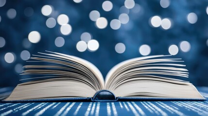 Open book on blue digital background with bokeh lights