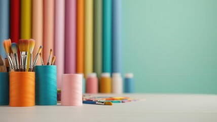 Fototapeta premium A vibrant art studio scene featuring paintbrushes in colorful containers alongside various craft supplies against a backdrop of pastel rolls.