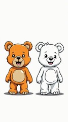 Cute Cartoon Bear Toy Characters in Color and Outline