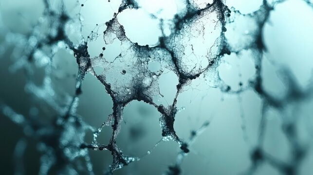 Abstract close-up of intricate organic shapes and textures resembling a delicate network of cells with a soft blue gradient background, evoking a sense of mystery and depth.