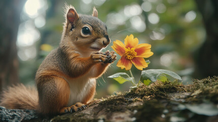 Obraz premium Squirrel enjoying a flower in a lush forest during late spring