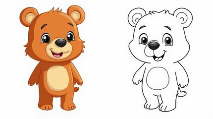 Obraz premium Cute Cartoon Bear Toy in Color and Outline Version