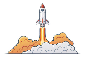 Fototapeta premium A simplified rocket launches straight upward from orange smoke clouds, its exhaust trail vibrant, exuding a sense of determination and ambition, against on a transparent background