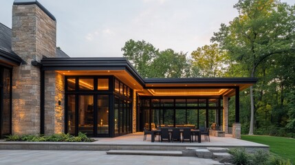 Obraz premium Modern Home Exterior with Large Windows and Outdoor Dining Area at Dusk
