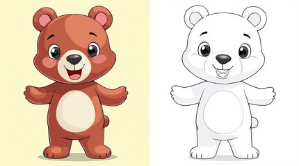 Cute Cartoon Bear Toy Character With Colorful and Outline Versions