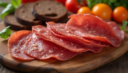 Slices of Salo with Dark Bread and Fresh Vegetables on Wooden Board