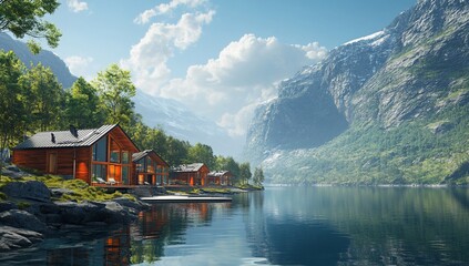 Fototapeta premium Scenic wooden cabins nestled by a tranquil fjord, surrounded by lush greenery and majestic mountains under a bright sky.