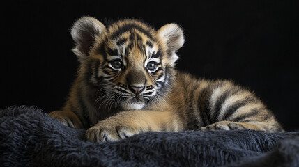 Fototapeta premium Cute tiger cub resting on a dark surface while curiously looking at its surroundings indoors
