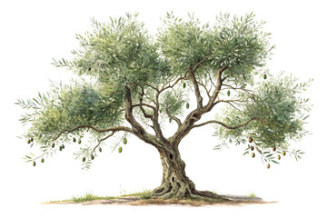 An olive tree with textured branches and lush green leaves, offering a serene natural depiction, against on a transparent background