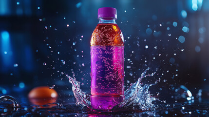 high-energy sports drink in a clear bottle with splashes of color