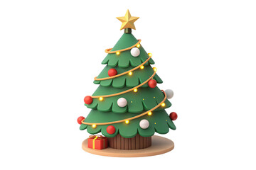 Fototapeta premium Christmas tree with layered green branches, red and white baubles, glowing string lights, a star topper, and a small gift beneath, against on a transparent background