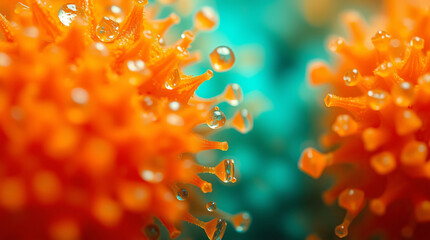 Microscopic View of Virus Particles with Water Droplets on Surface