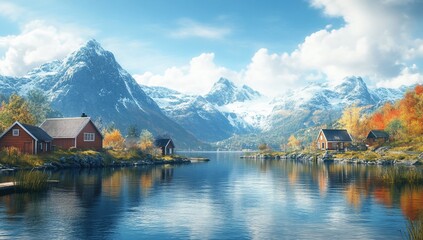 Idyllic autumn scene red houses by a calm lake, snow-capped mountains in background.