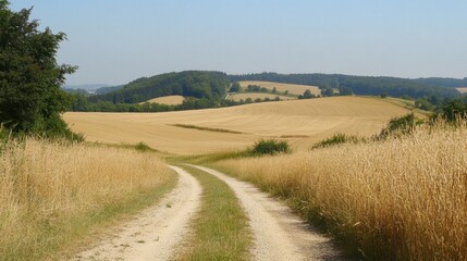 Serene Rural Road Through Golden Fields and Rolling Hills in Summer
