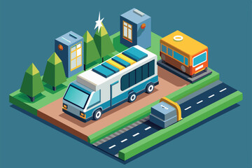 A detailed view of customizable electric vehicles alongside charging stations in a contemporary landscape, Electric transport Customizable Isometric Illustration