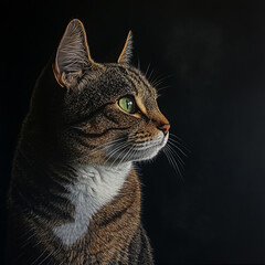 Obraz premium A cat with striking green eyes sits gracefully in front of a dark black background, looking thoughtfully into the distance.
