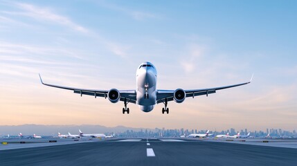 Airplane taking off from a runway against a city skyline backdrop.