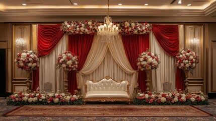 Elegant wedding backdrop featuring luxurious floral arrangements, rich red drapery, and opulent chandeliers for breathtaking ceremonies and celebrations