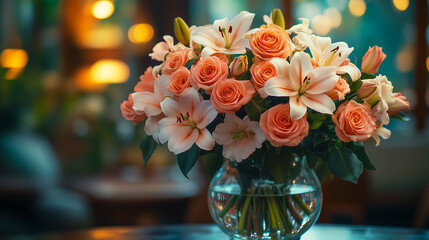 bouquet of roses and lilies in a glass vase, set on a table with soft lighting