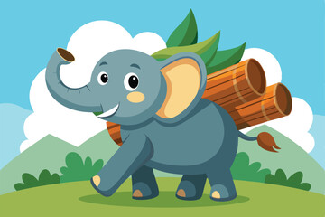 Naklejka premium An elephant smiles while transporting logs across a colorful, natural setting filled with greenery, Elephant carrying logs