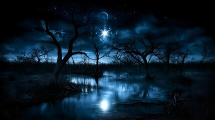 Fototapeta premium Landscape with trees and clouds in the Night