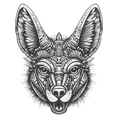 Naklejka premium Detailed Black And White Illustration Of A Wolfs Face With Geometric Patterns