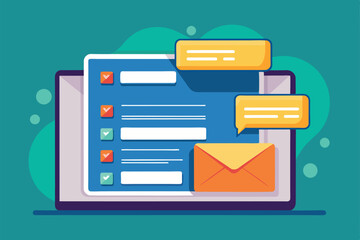 A laptop screen shows a tailored email capture form with chat bubbles ready for user engagement, Email capture Customizable Disproportionate Illustration