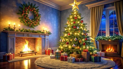 Festive Christmas Tree with Star and Gifts in a Cozy Living Room Setting for Holiday Celebrations