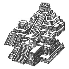 Hand Drawn Illustration Of An Ancient Mayan Temple Complex