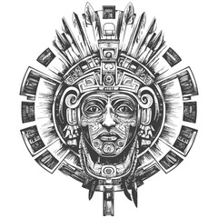 Hand Drawn Illustration Of An Aztec Mask With Intricate Details And A Feathered Headdress