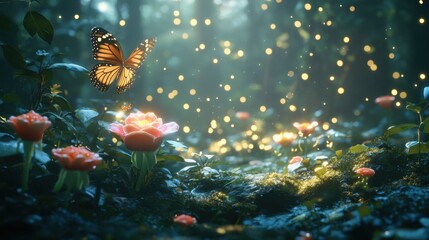 Vibrant Butterfly Flitting Over Blossoming Flowers in Enchanted Forest
