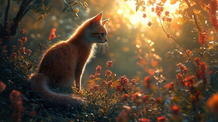 Orange Kitten in a Flower Garden at Sunset